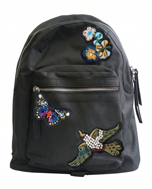 FAUX LEATHER BACKPACK W/ JEWELED PATCHES