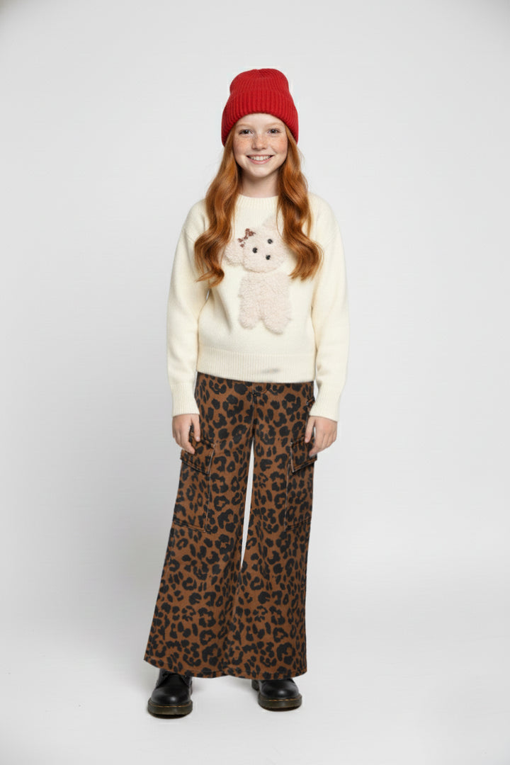 WIDE LEG LEOPARD PRINT JEANS WITH CARGO POCKETS