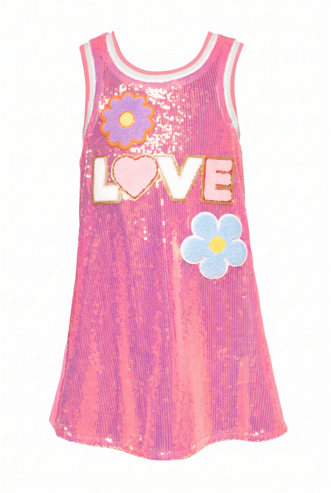 A-LINE SEQUIN DRESS W/ LOVE AND FLOWER TRIMS