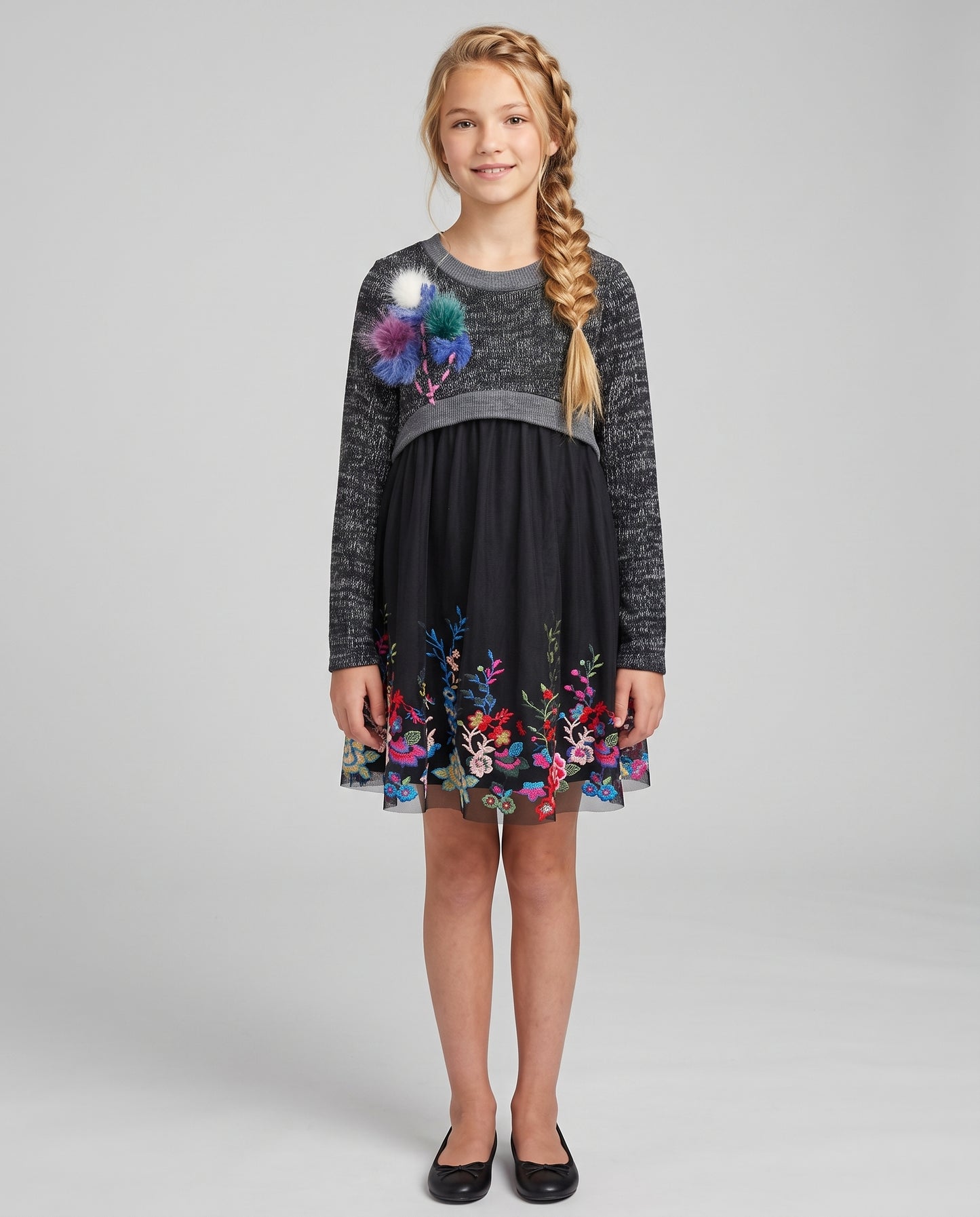 LONG SLEEVE SWEATER TOP DRESS W/ FLORAL EMBROIDERY SKIRT AND POMPOM APPLIQUE