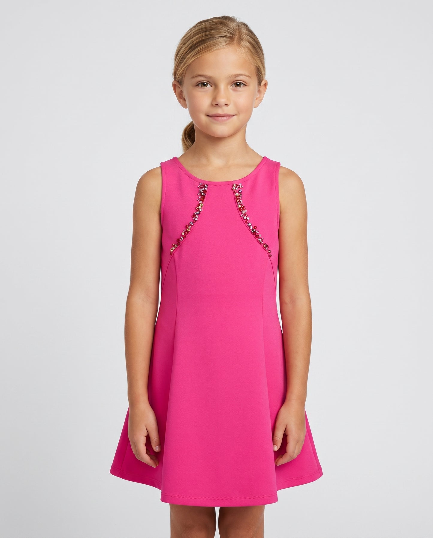 FIT AND FLAIR DRESS W/ PRINCES SEAM AND RHINESTONE DETAIL