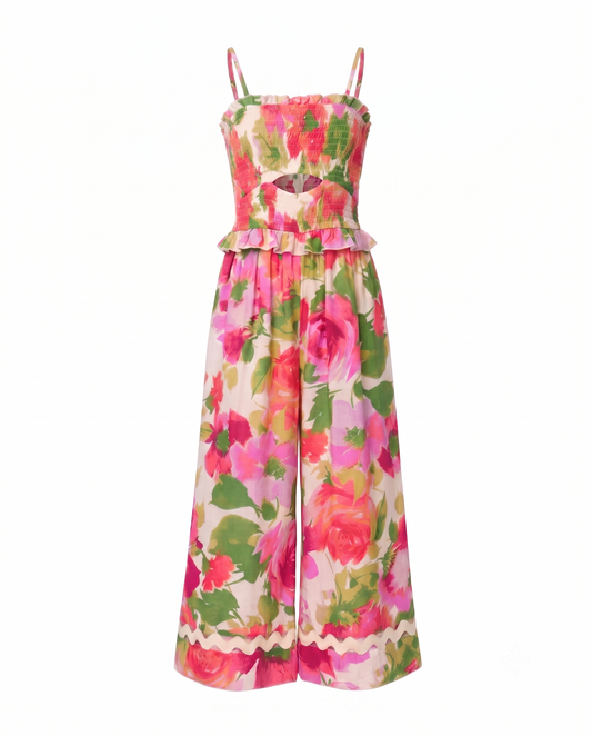 FLORAL PRINT JUMPSUIT WITH RIC RACK TRIM