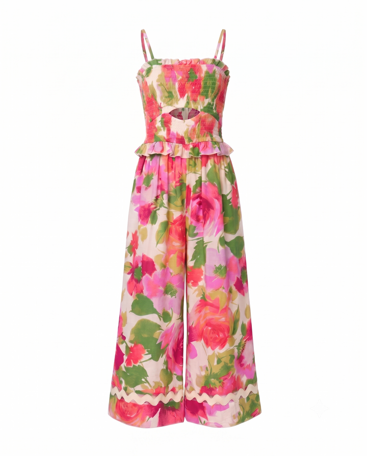 FLORAL PRINT JUMPSUIT WITH RIC RACK TRIM
