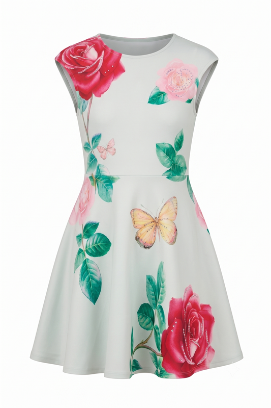 Girls Butterfly Rose Floral Skater Dress
