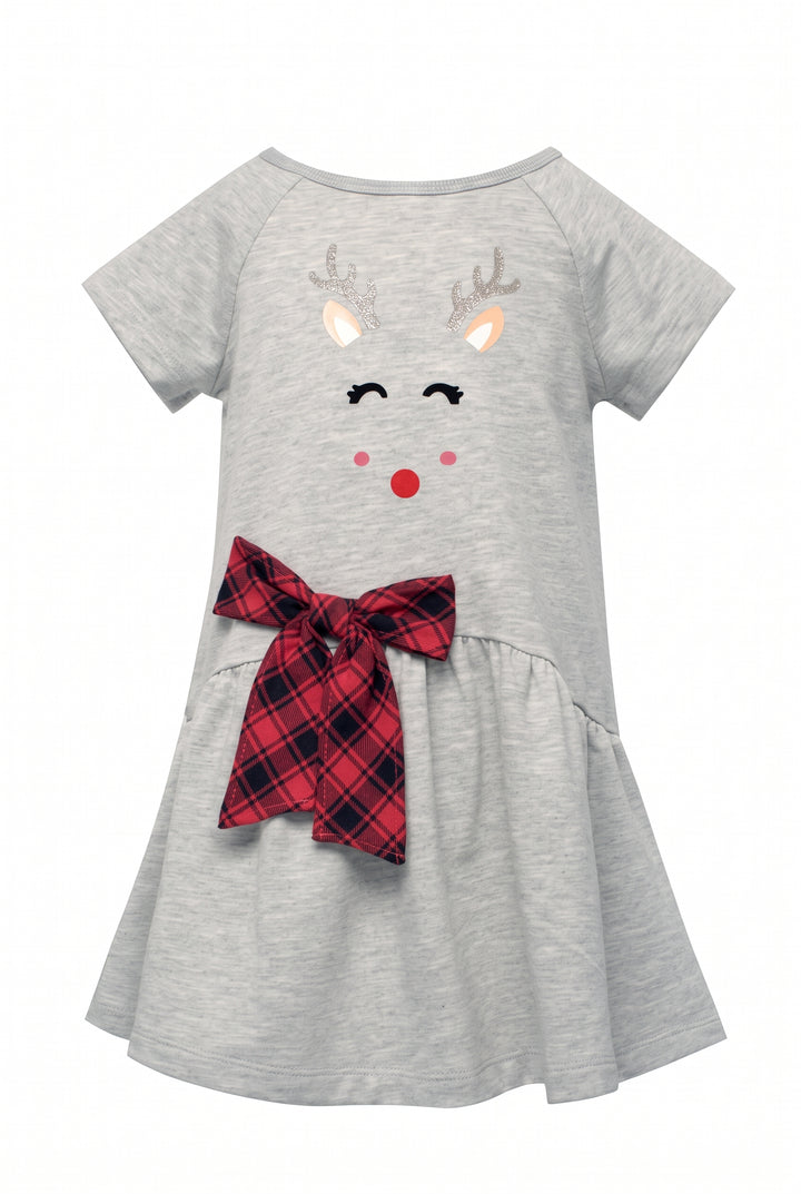 Toddler l Little Girls Dropped Waist Plaid Bow Reindeer Dress