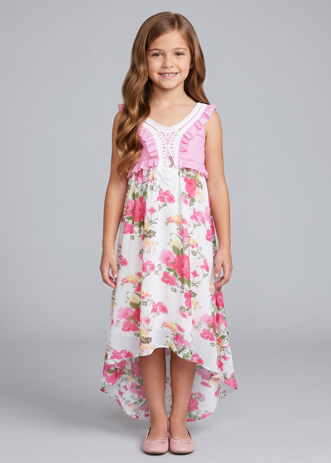 HI LOW DRESS WITH FRONT APPLIQUE