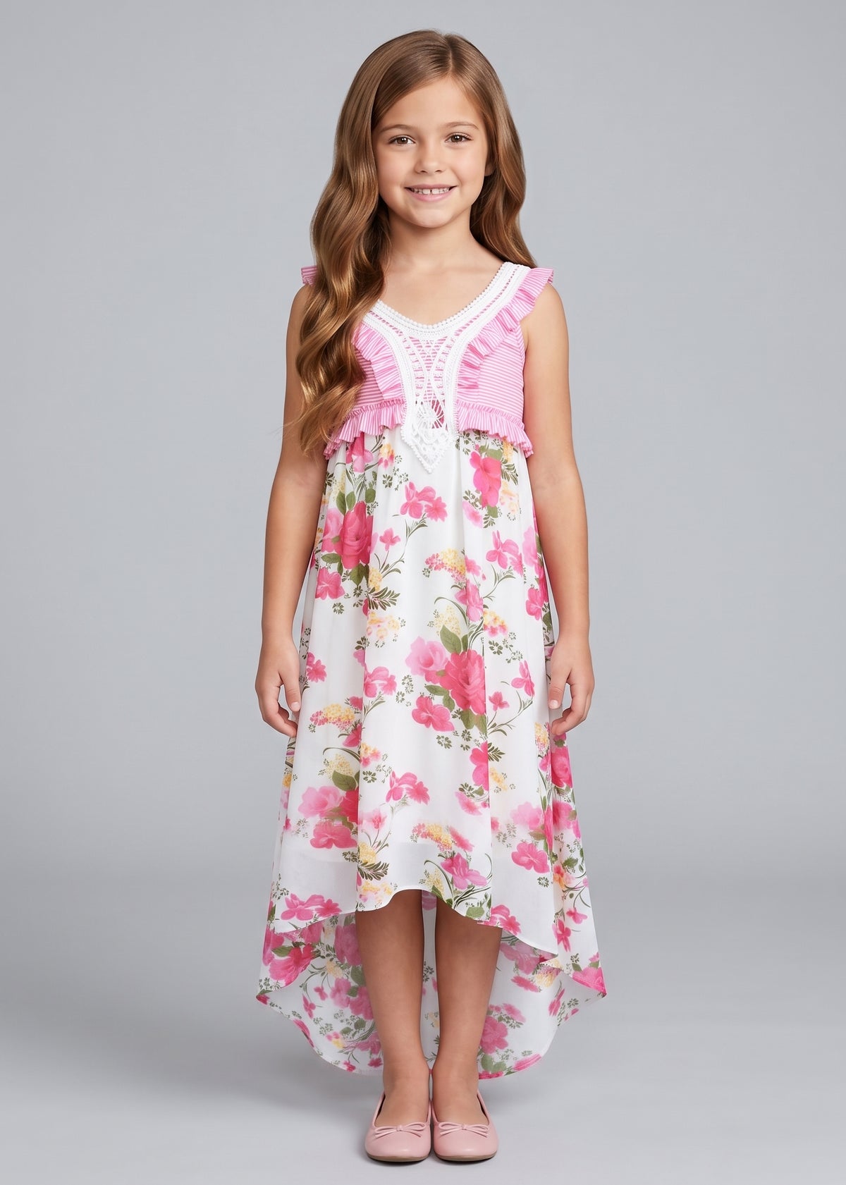 HI LOW DRESS WITH FRONT APPLIQUE