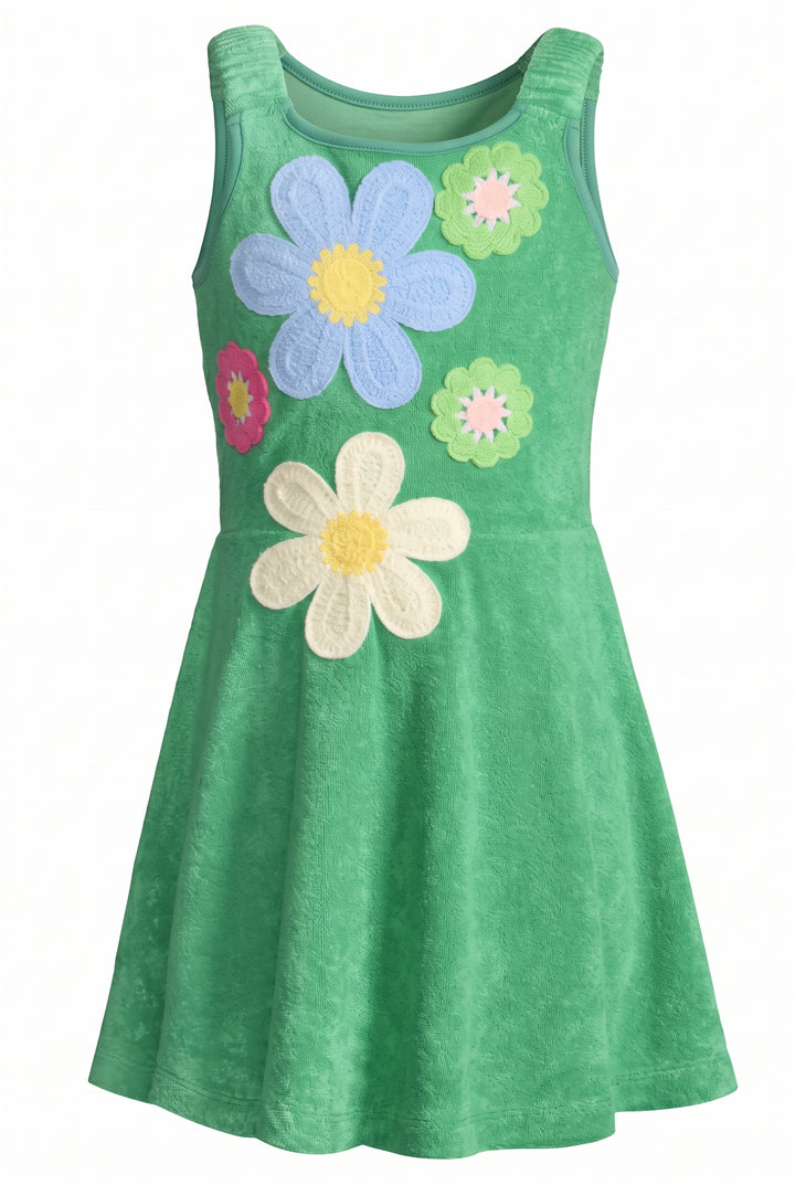 FIT AND FLARE DRESS W/ FLOWER TRIM DETAIL
