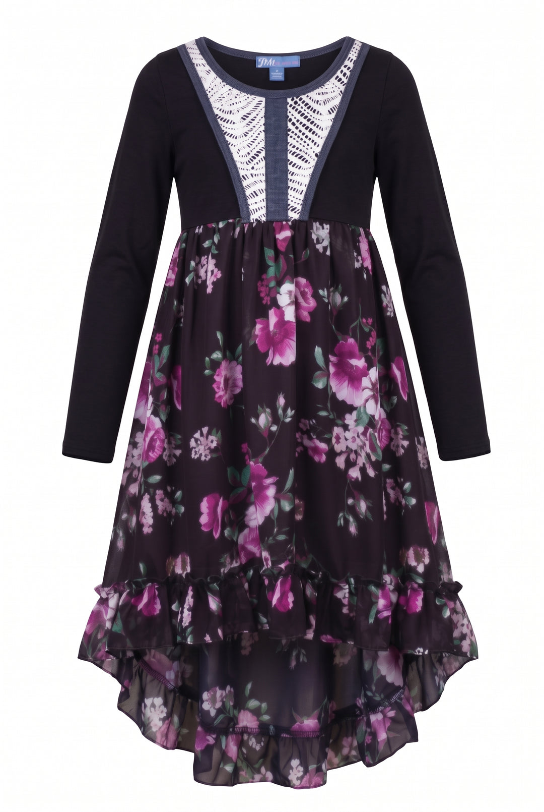 Big Girls Lace Bib Ruffled Floral Hi-Lo Dress