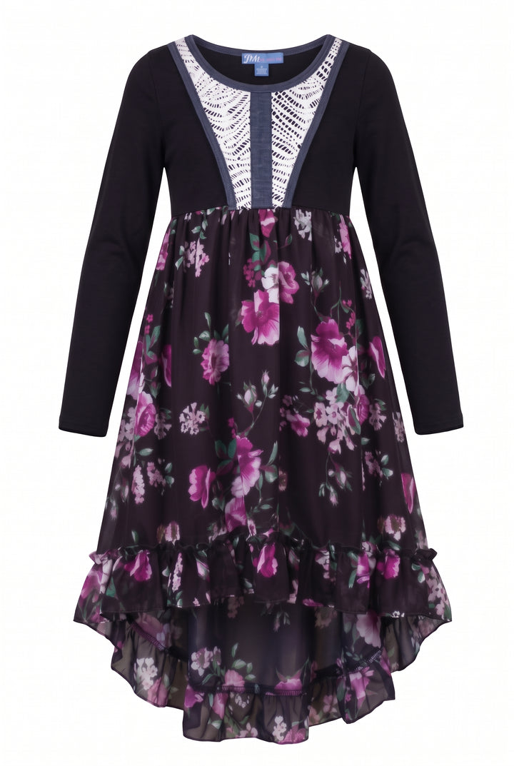 Big Girls Lace Bib Ruffled Floral Hi-Lo Dress