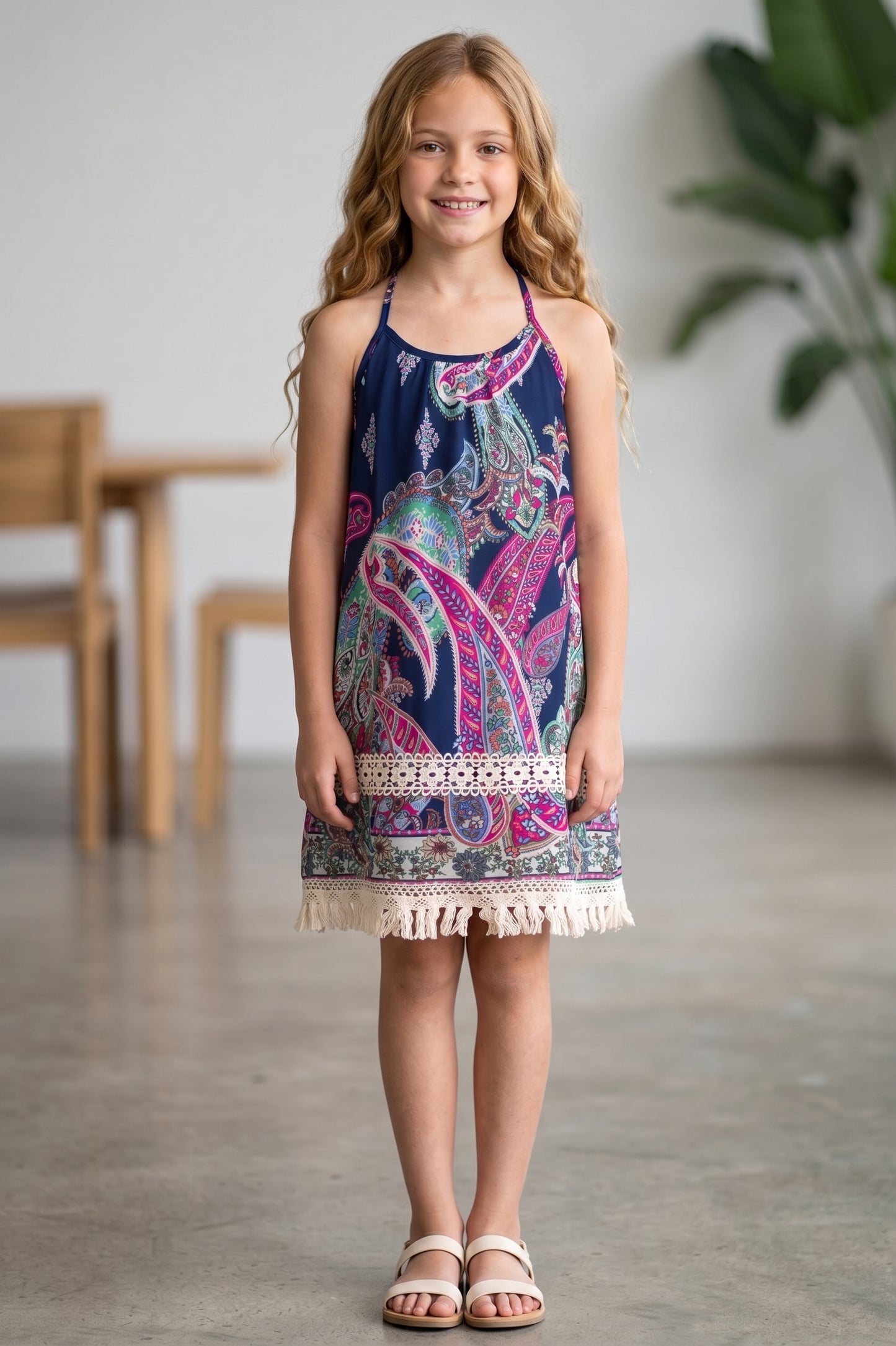 NAVY MULTI PAISLEY STRAPPY DRESS WITH FRINGE BOTTOM