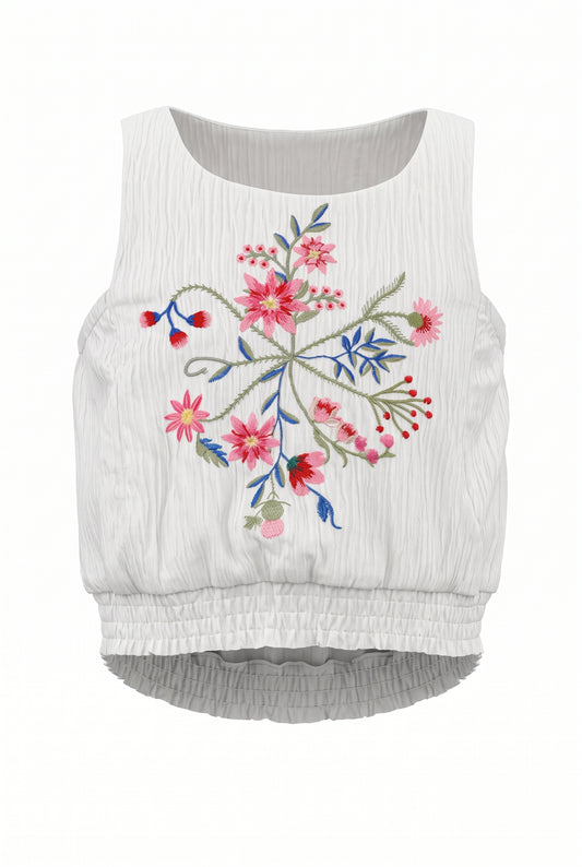 EMBROIDERED FLORAL TOP W/ LACE TRIM