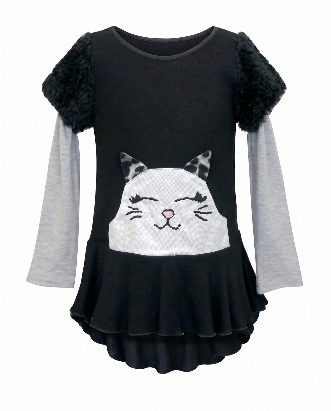 TUNIC WITH GRAY SLEEVES AND WHITE SMILING CAT WITH CLOSED EYES
