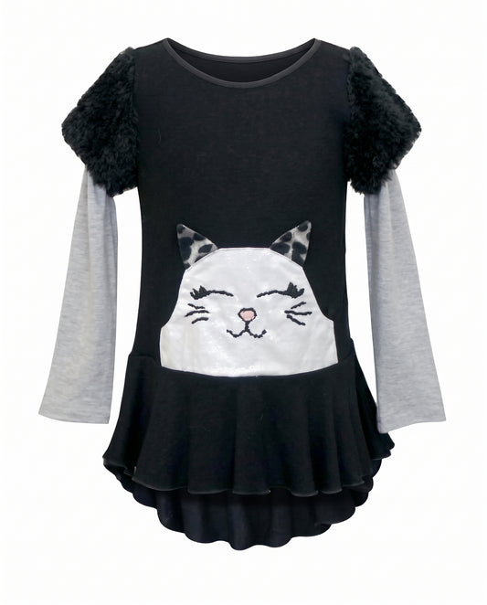 TUNIC WITH GRAY SLEEVES AND WHITE SMILING CAT WITH CLOSED EYES