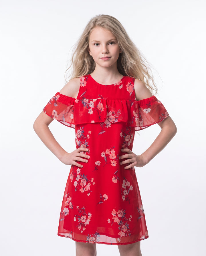 COLD SHOULDER STRIPE FLORAL PRINT A-LINE DRESS WITH RUFFLE SLEEVES