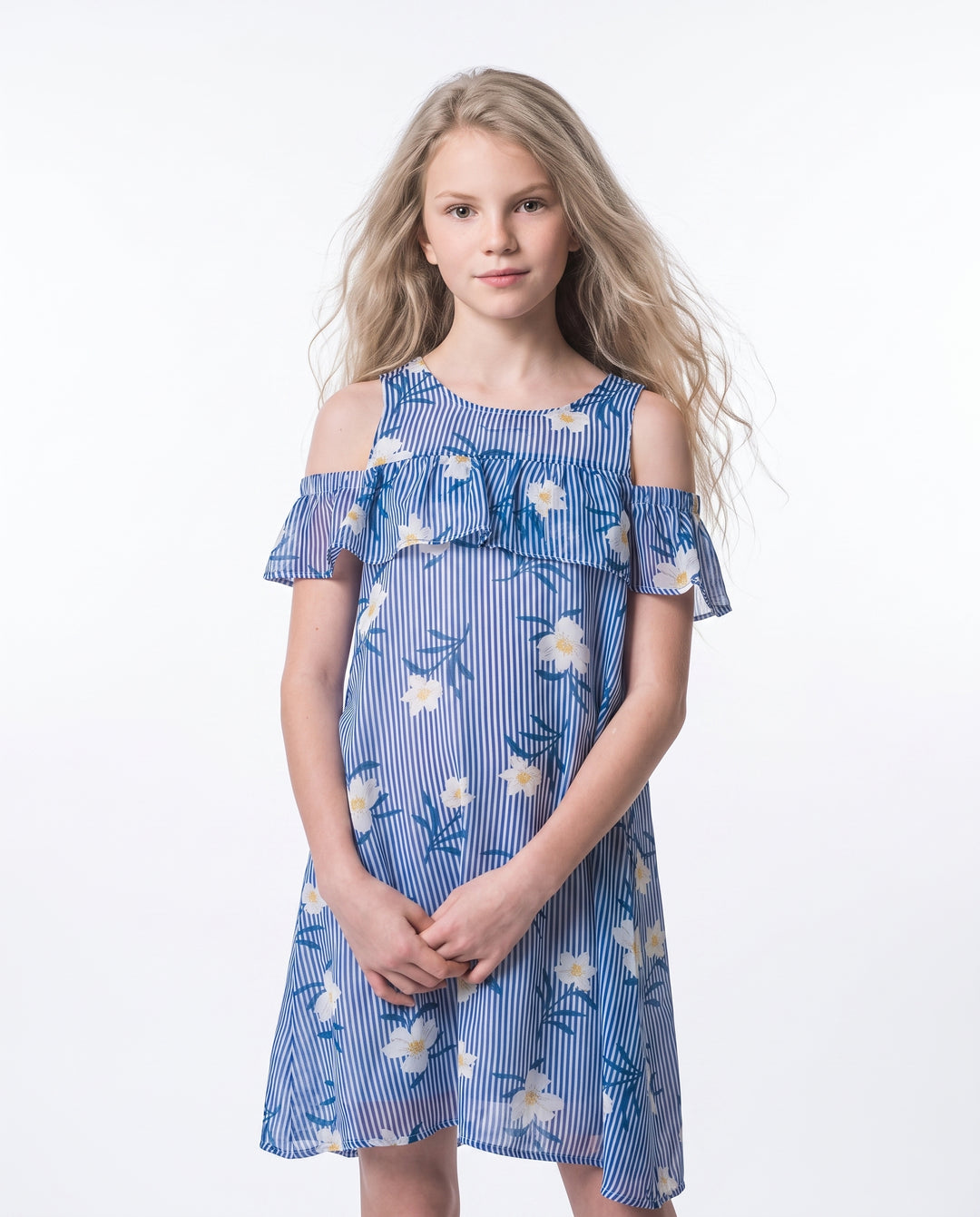 COLD SHOULDER STRIPE FLORAL PRINT A-LINE DRESS WITH RUFFLE SLEEVES