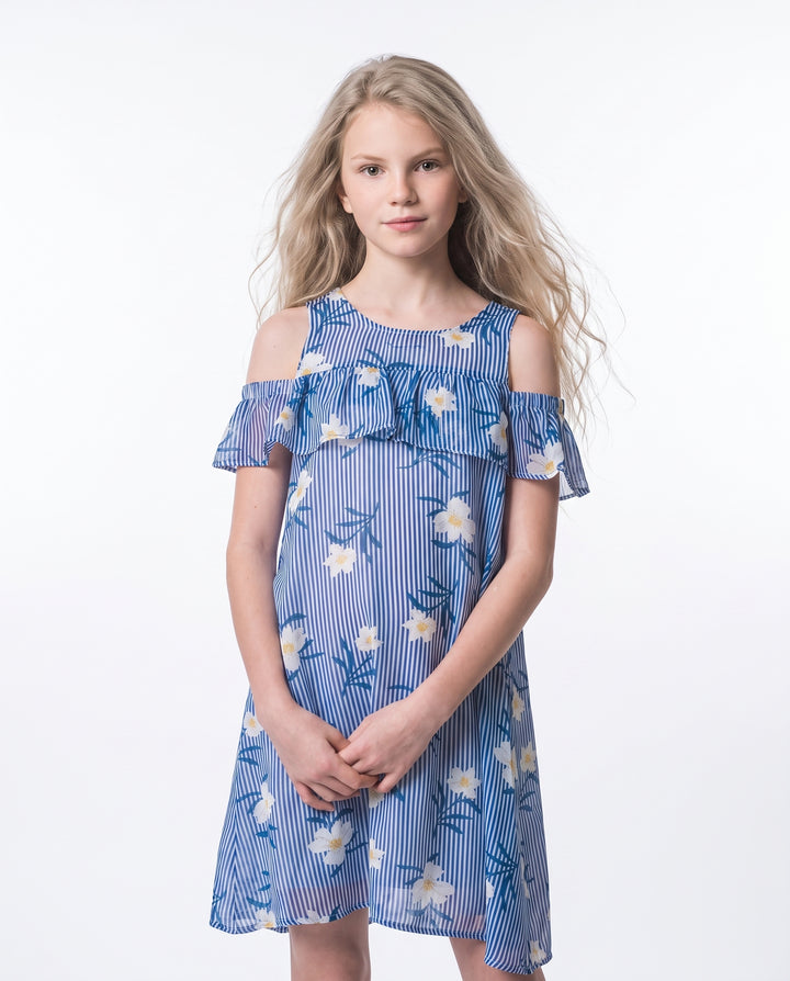 COLD SHOULDER STRIPE FLORAL PRINT A-LINE DRESS WITH RUFFLE SLEEVES