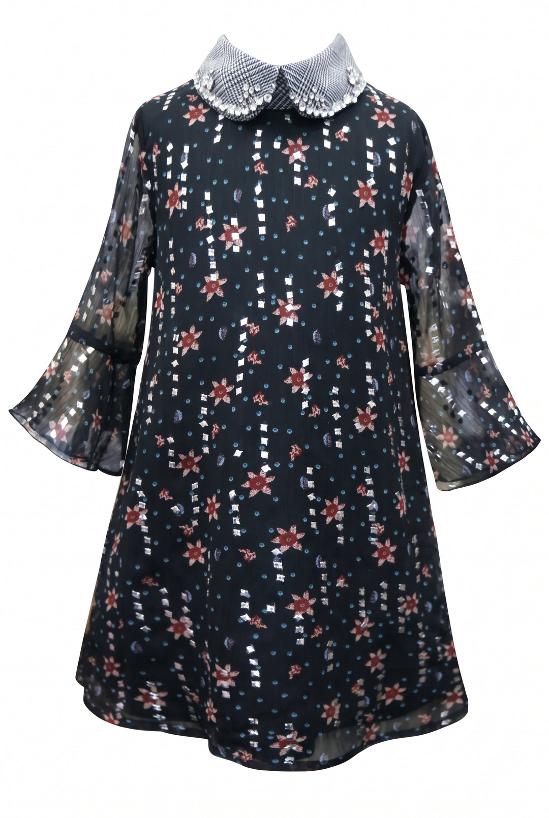 Girls Elbow Sleeve Floral Print Collar Dress