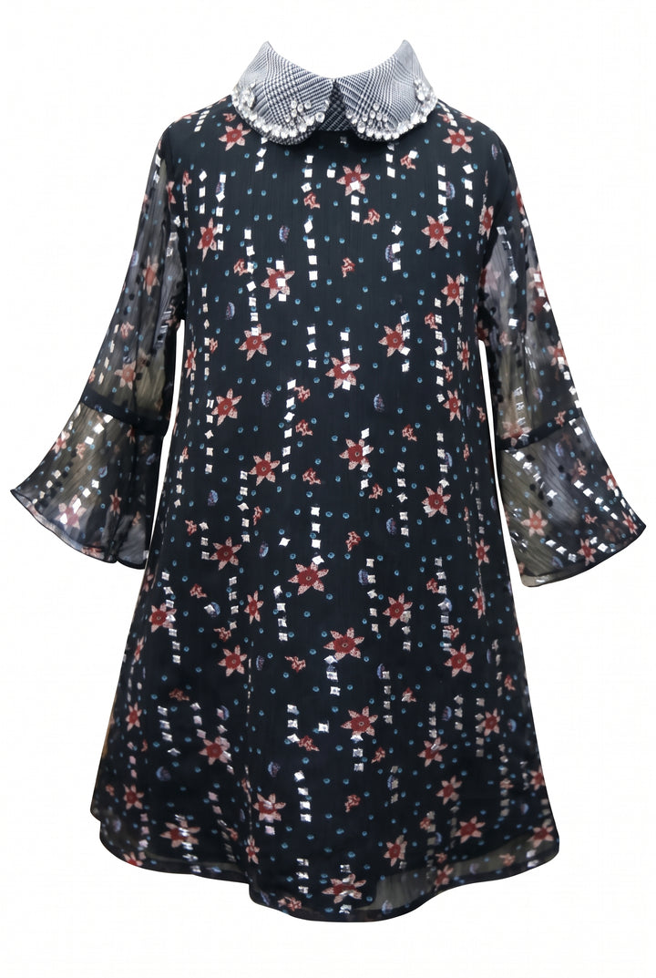 Girls Elbow Sleeve Floral Print Collar Dress