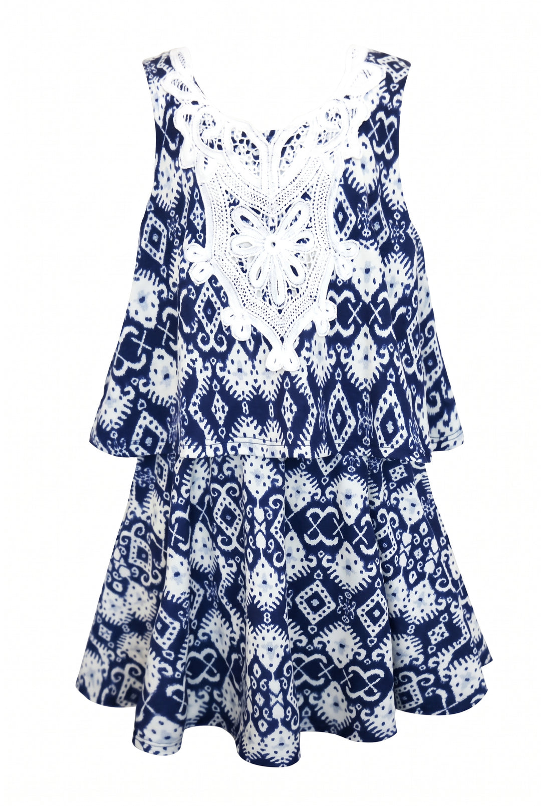 LAYERED SEMI-CIRCLE DRESS W/ V-BACK AND TRIM DETAIL.