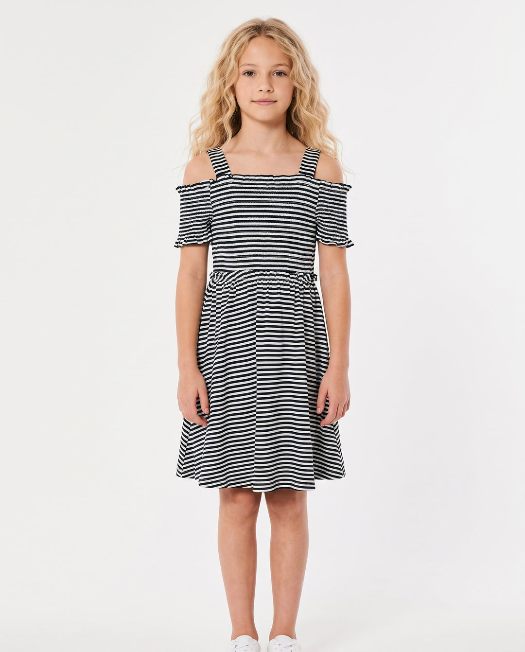 OFF THE SHOULDER STRIPED DRESS
