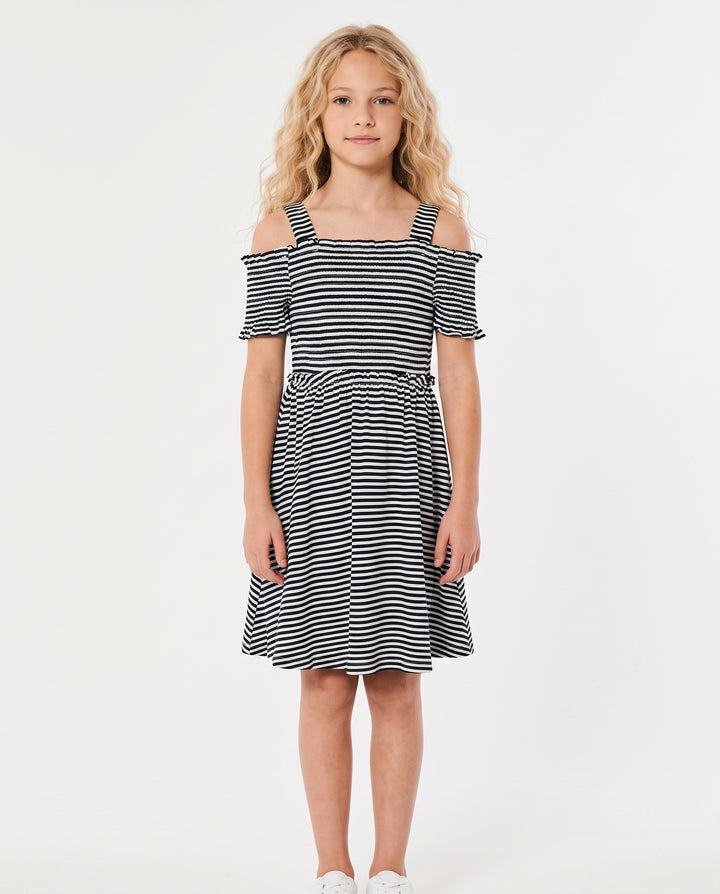 OFF THE SHOULDER STRIPED DRESS