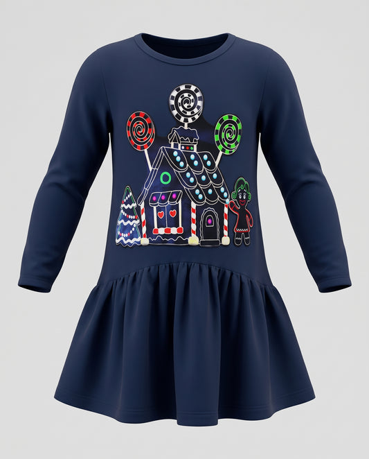 Little Girls Gingerbread House Long Sleeve Dress