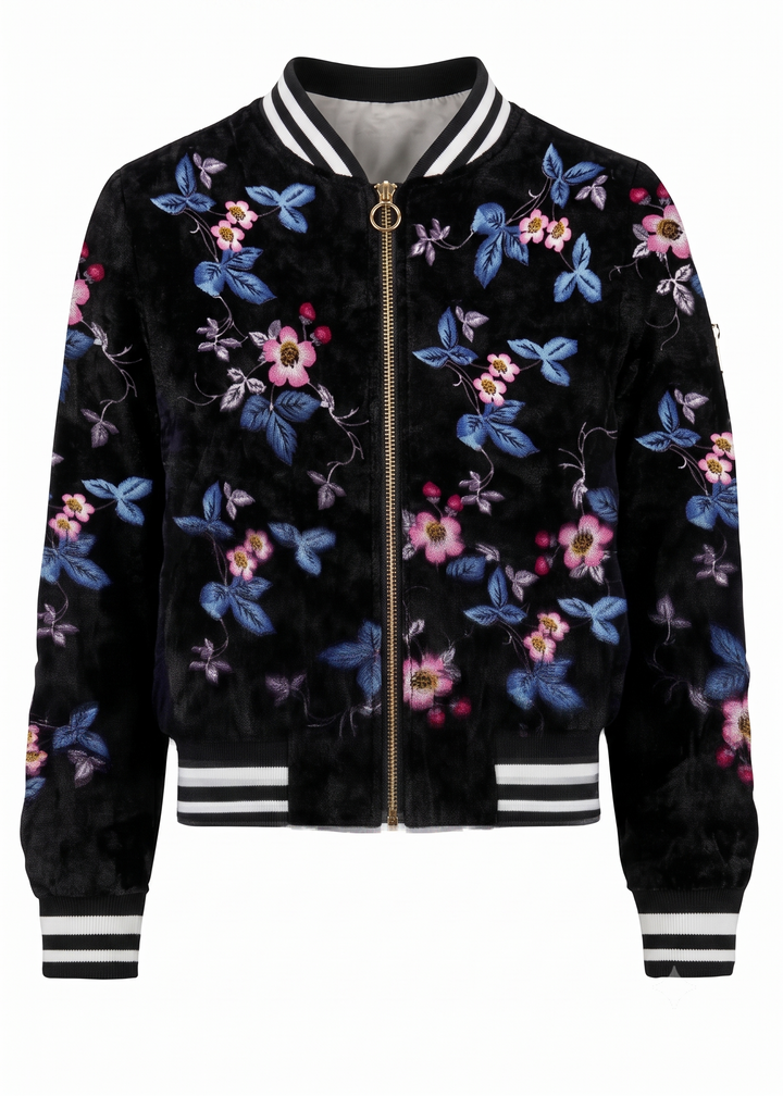Big Girls Floral Print Velvet Bomber Jacket
