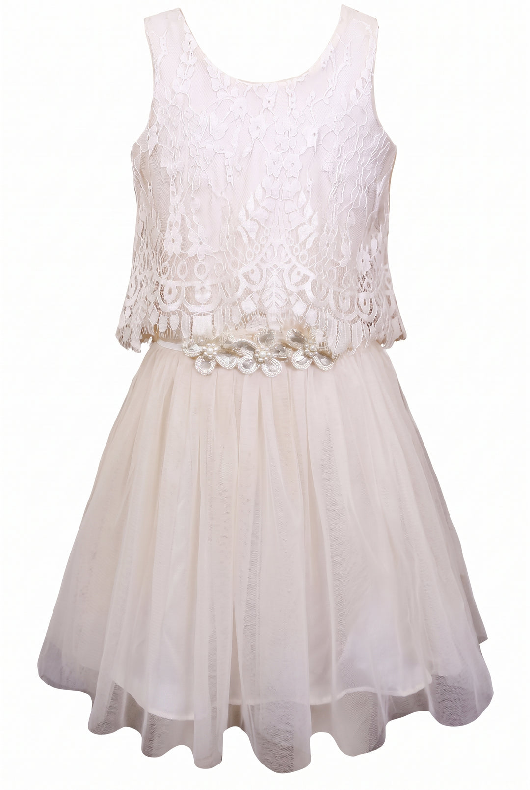 TUTU DRESS WITH LACE TOP OVERLAY AND FLOWER DETAIL AT WAIST RIBBON TIE