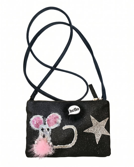 GLITTER PATENT LEATHER CROSS-BODY BAG W/ SEQUIN MOUSE PATCH