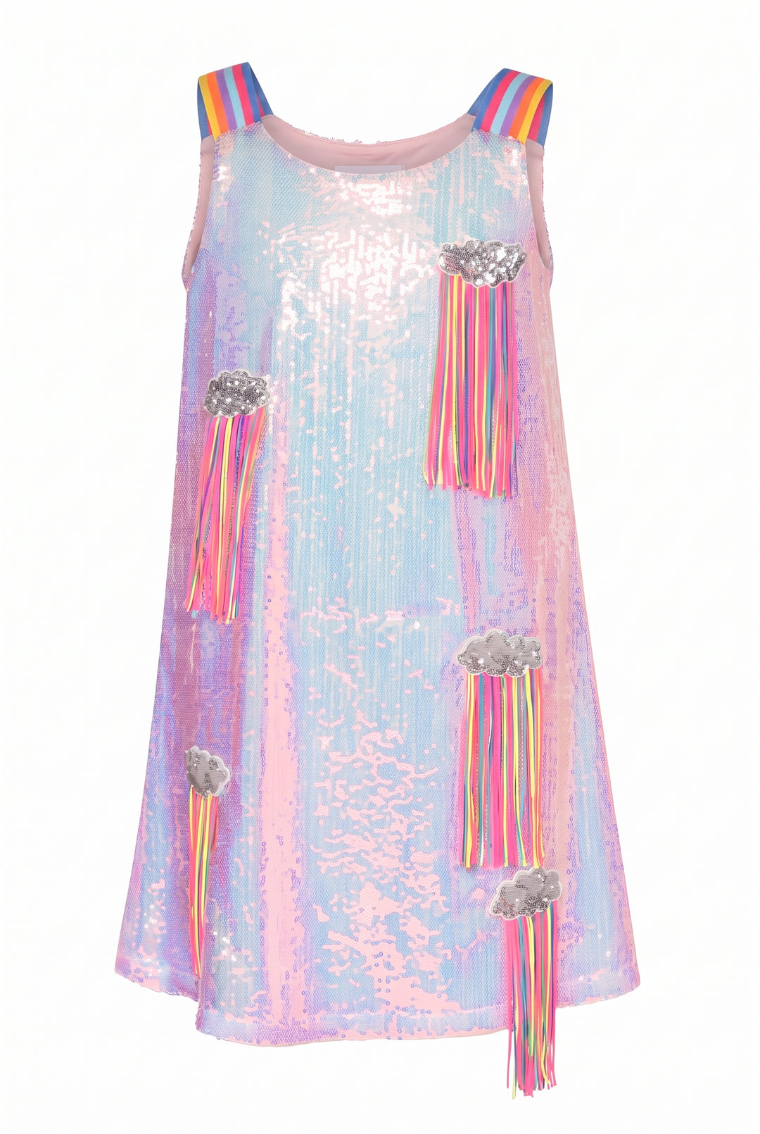 Little | Big | Tween Girls Sequin Cloud Rainbow Fringe Party Dress