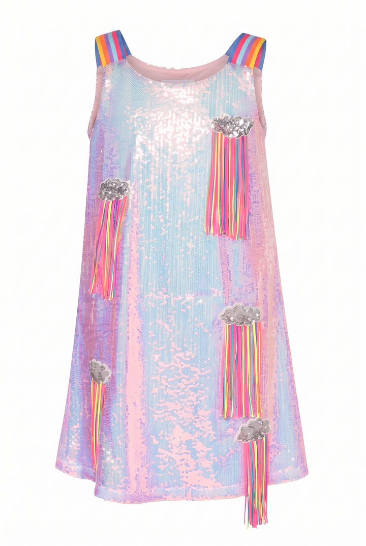 Little | Big | Tween Girls Sequin Cloud Rainbow Fringe Party Dress
