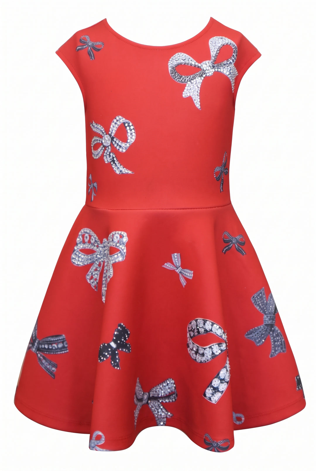 Girls Jewel Bow Print Fit and Flare Skater Dress