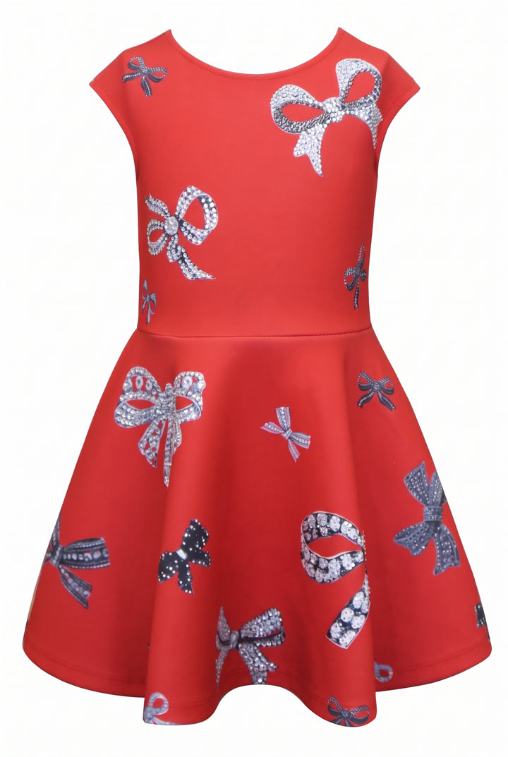 Girls Jewel Bow Print Fit and Flare Skater Dress