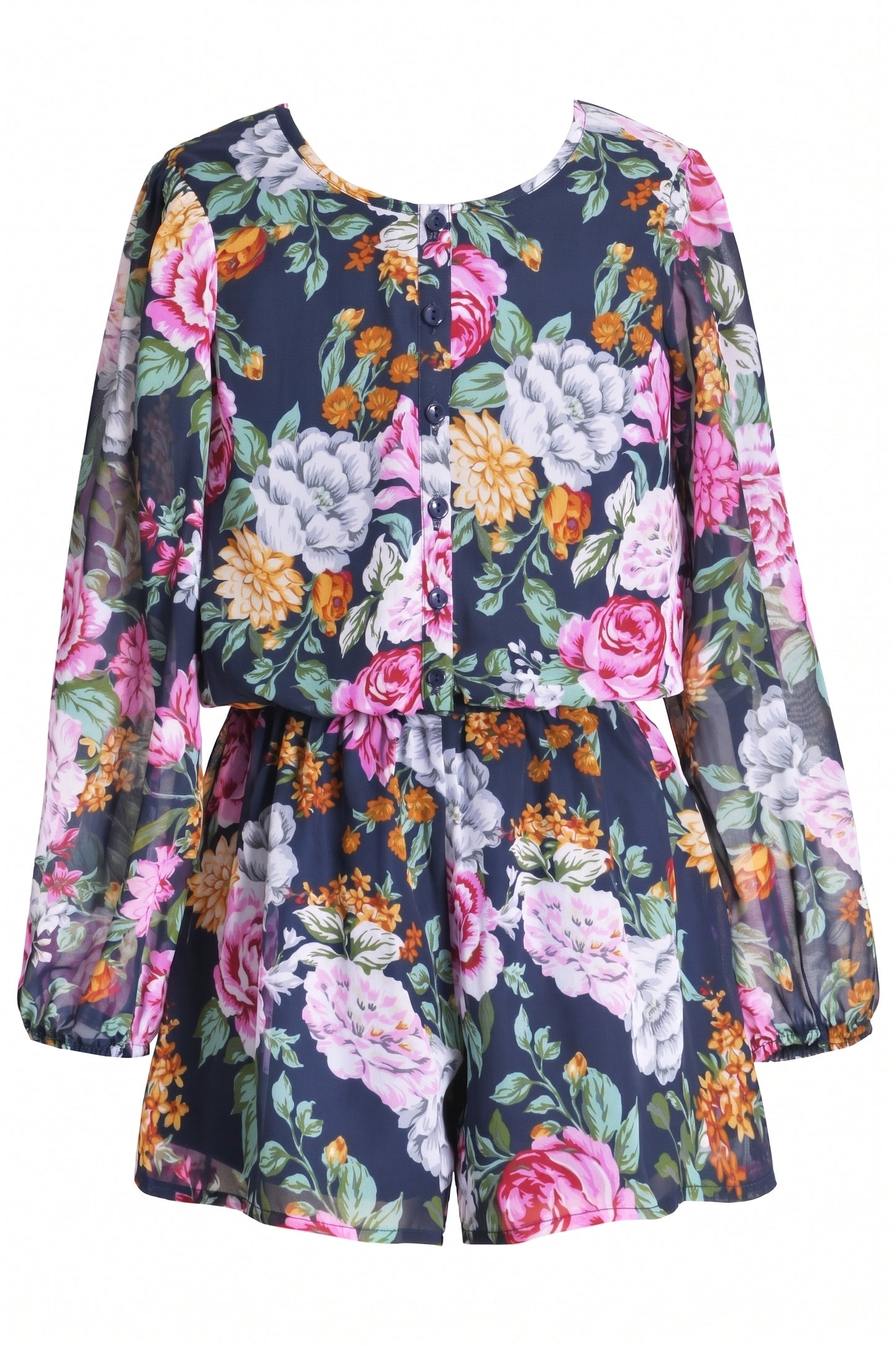 Big Girls Floral Print Long Sleeve Chiffon Romper