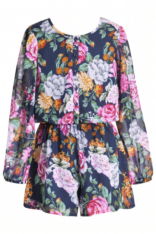 Big Girls Floral Print Long Sleeve Chiffon Romper