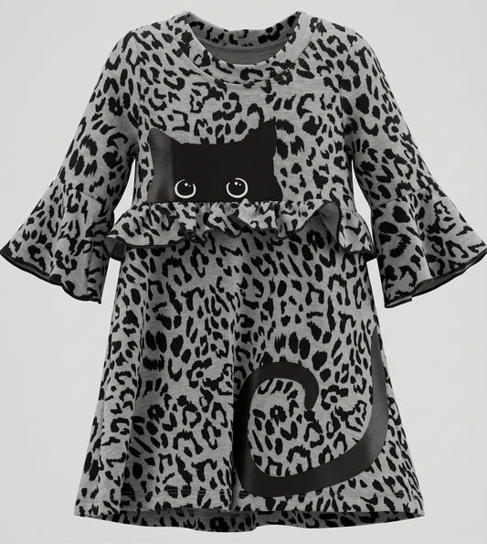ANIMAL PRINT DRESS WITH BLACK CAT