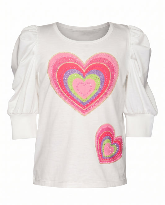 HEART PRINT TOP W/ PLEATED SLEEVE DETAIL