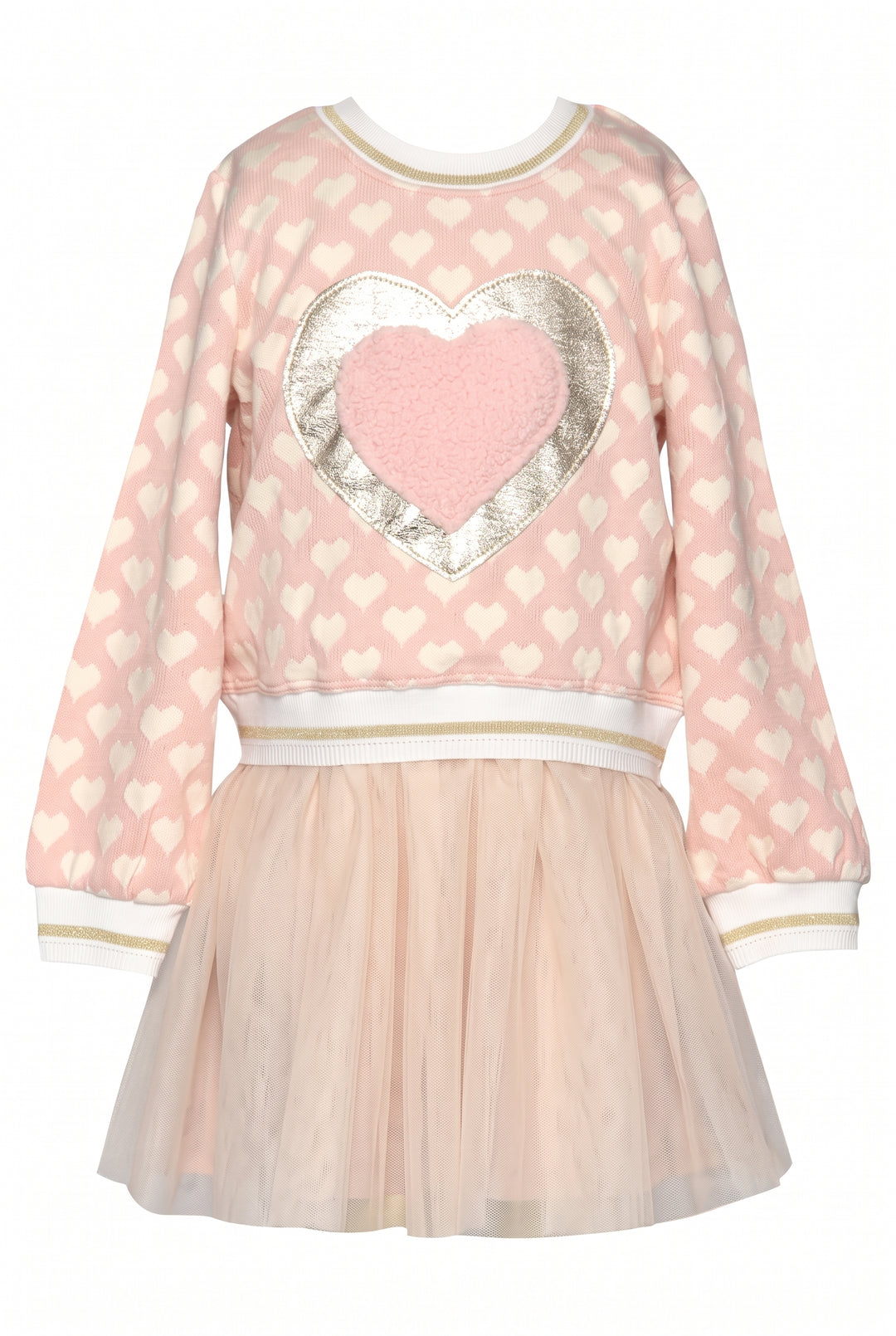 TWOFER DRESS WITH HEART TRIM AND MESH SKIRT