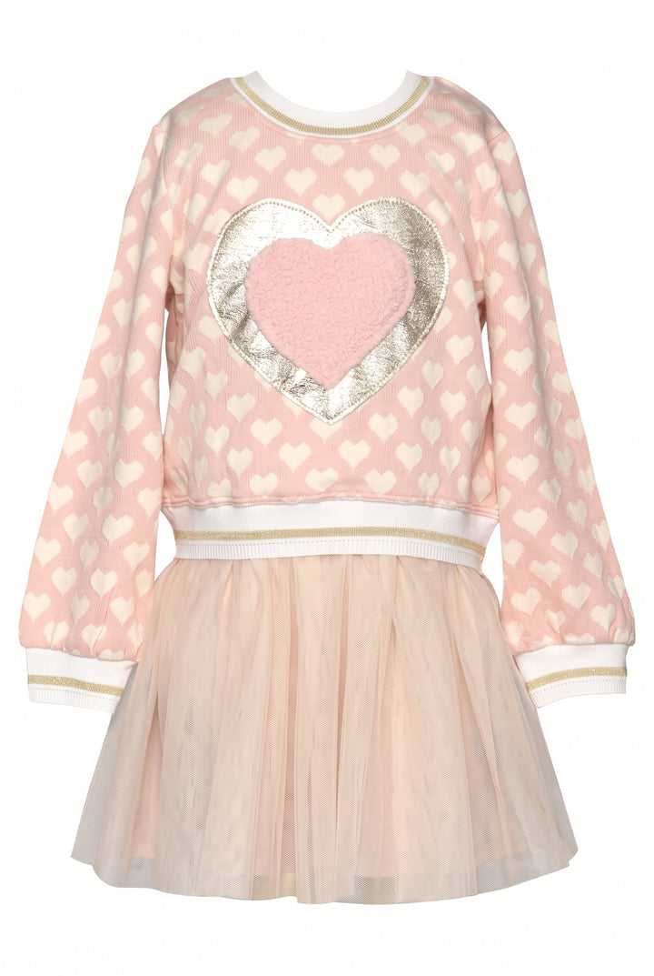 TWOFER DRESS WITH HEART TRIM AND MESH SKIRT