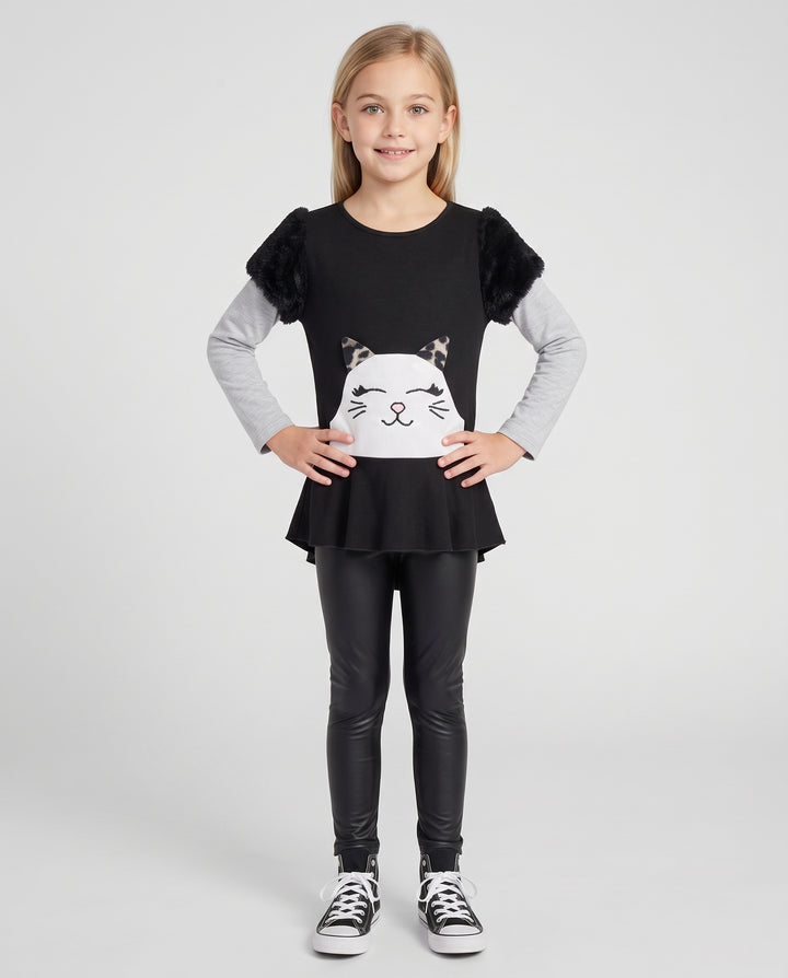 TUNIC WITH GRAY SLEEVES AND WHITE SMILING CAT WITH CLOSED EYES