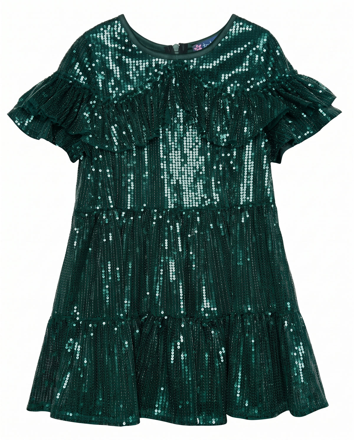 SEQUINED TIERED DRESS WITH SHOULDER RUFFLE