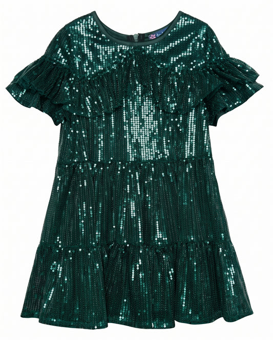 SEQUINED TIERED DRESS WITH SHOULDER RUFFLE