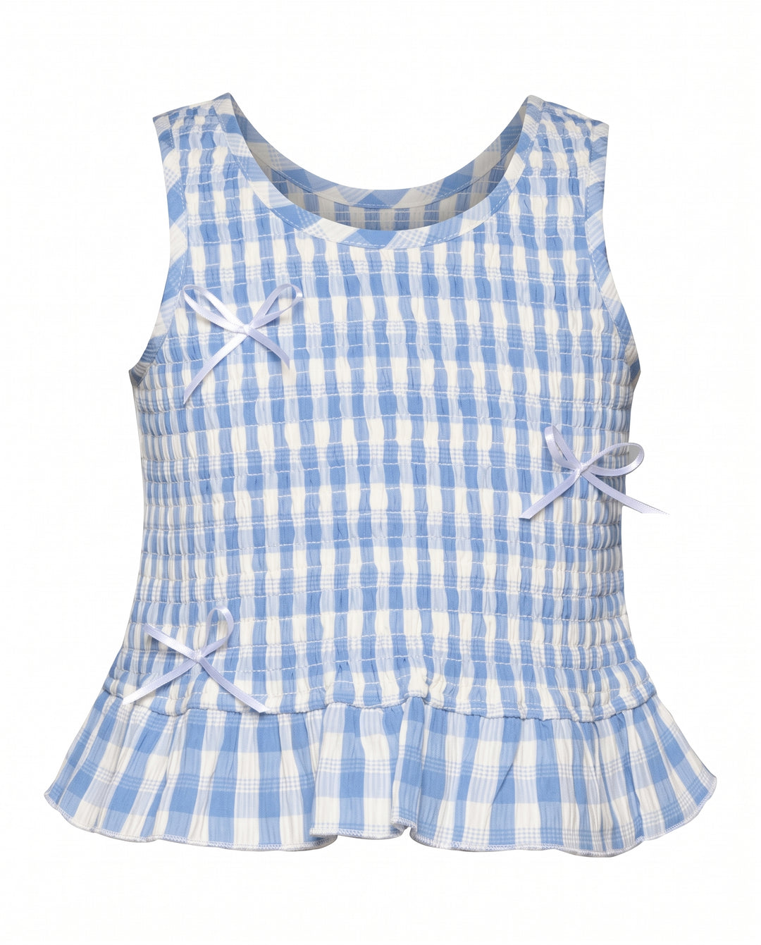 SMOCKED GINGHAM TOP W/ BOW DETAIL