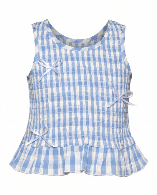 SMOCKED GINGHAM TOP W/ BOW DETAIL