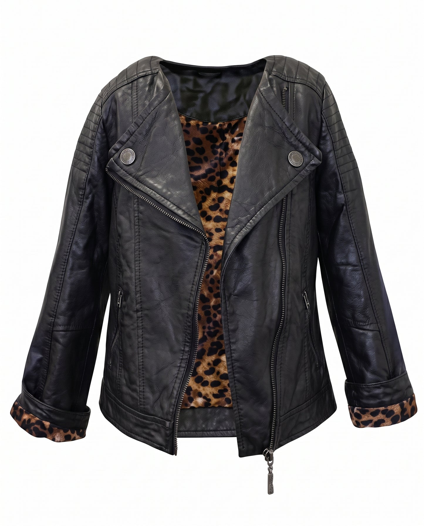 BOMBER JACKET BLACK WITH CHEETAH FAUX FUR