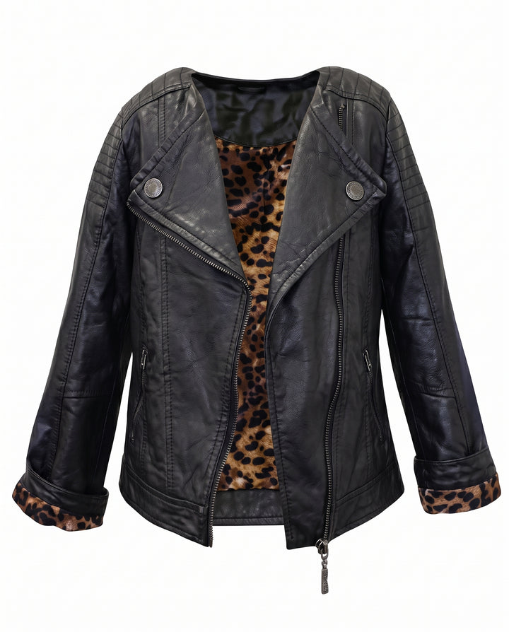 BOMBER JACKET BLACK WITH CHEETAH FAUX FUR