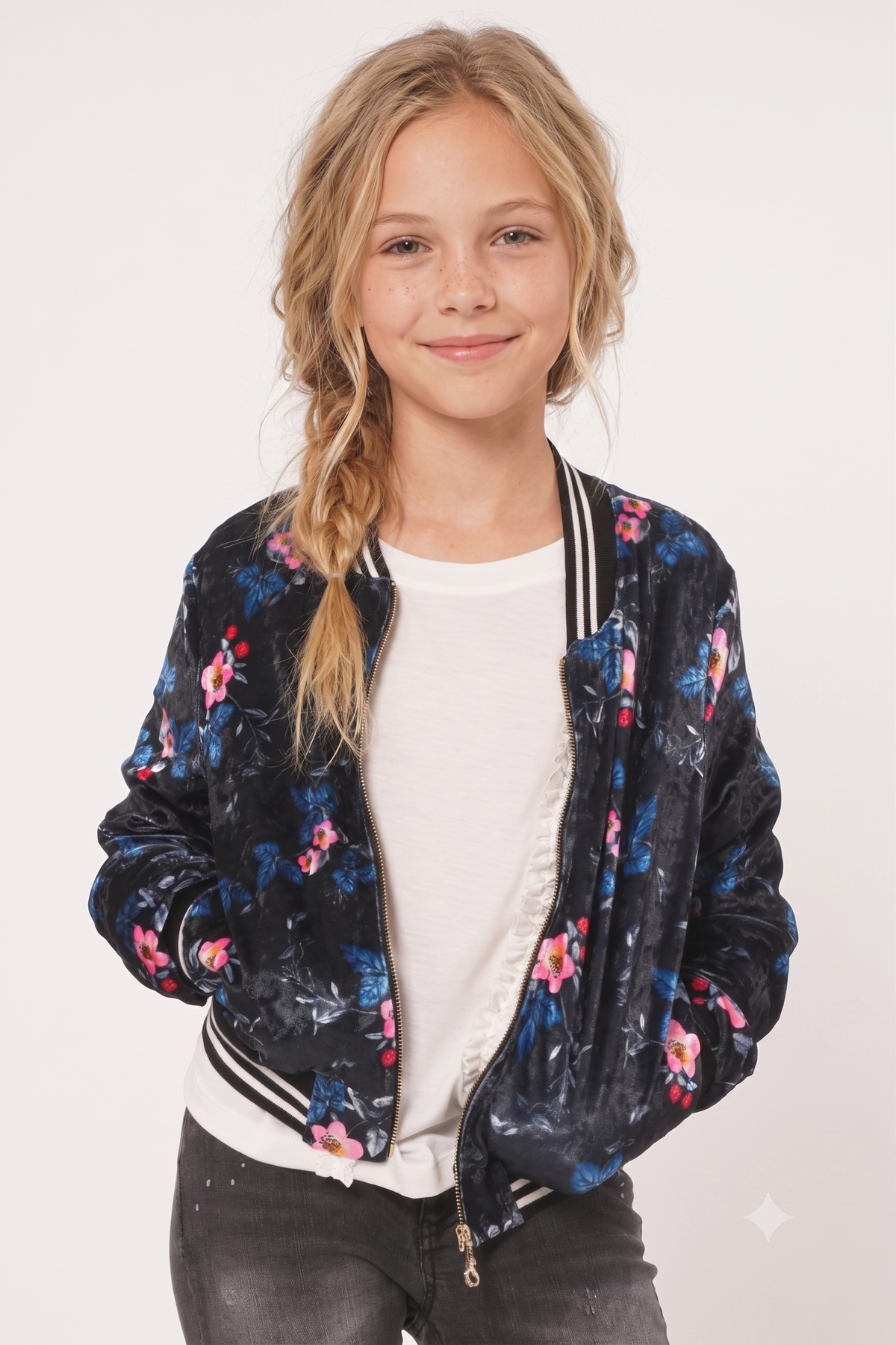 Big Girls Floral Print Velvet Bomber Jacket