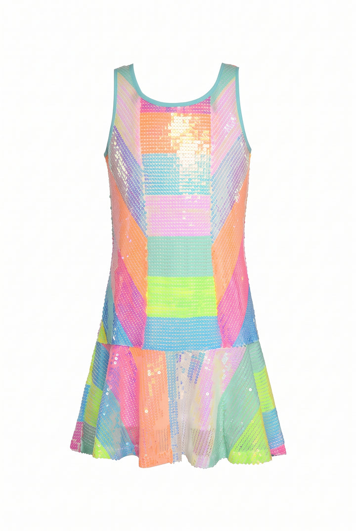 Little Girls Neon Rainbow Colorblock Stripe Sequin Dress