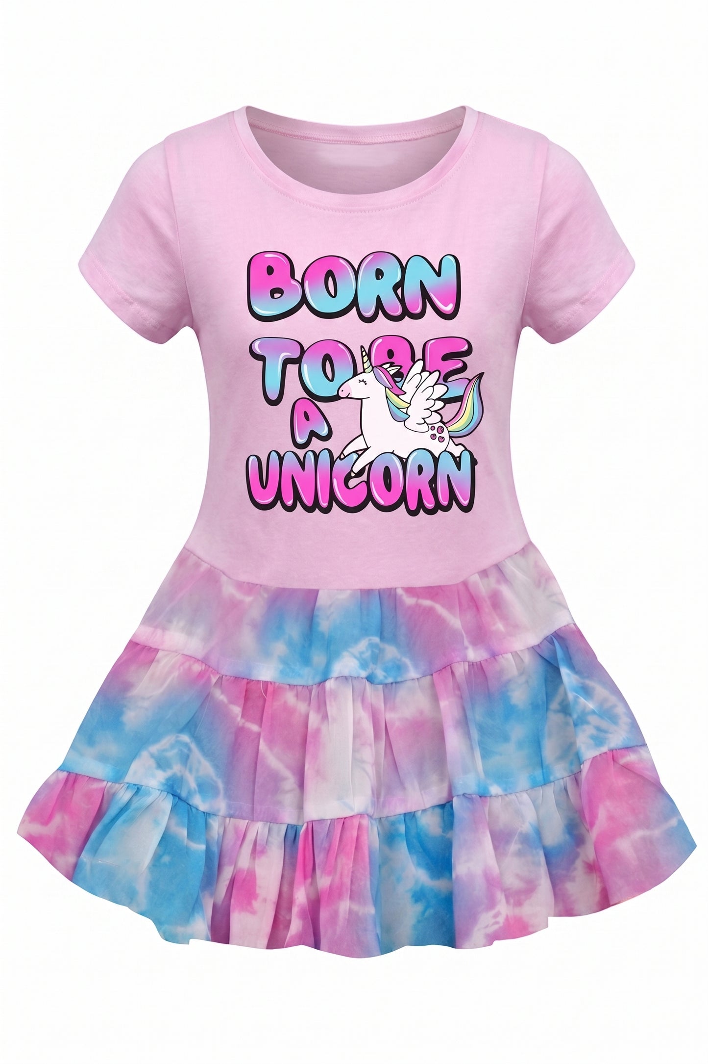 BORN TO BE A UNICORN PRINT DRESS W/ TIERED PRINT SKIRT